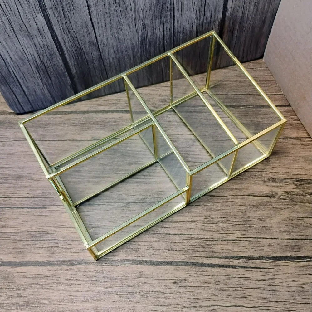 Glass & Brass Tone Vanity Organizer for Makeup, Desk, Bathroom Storage